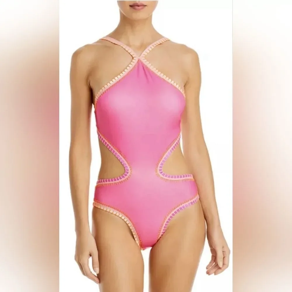PQ Swim x Platinum Exclusive Crochet Trim Halter Neck One Piece Swimsuit NWT S